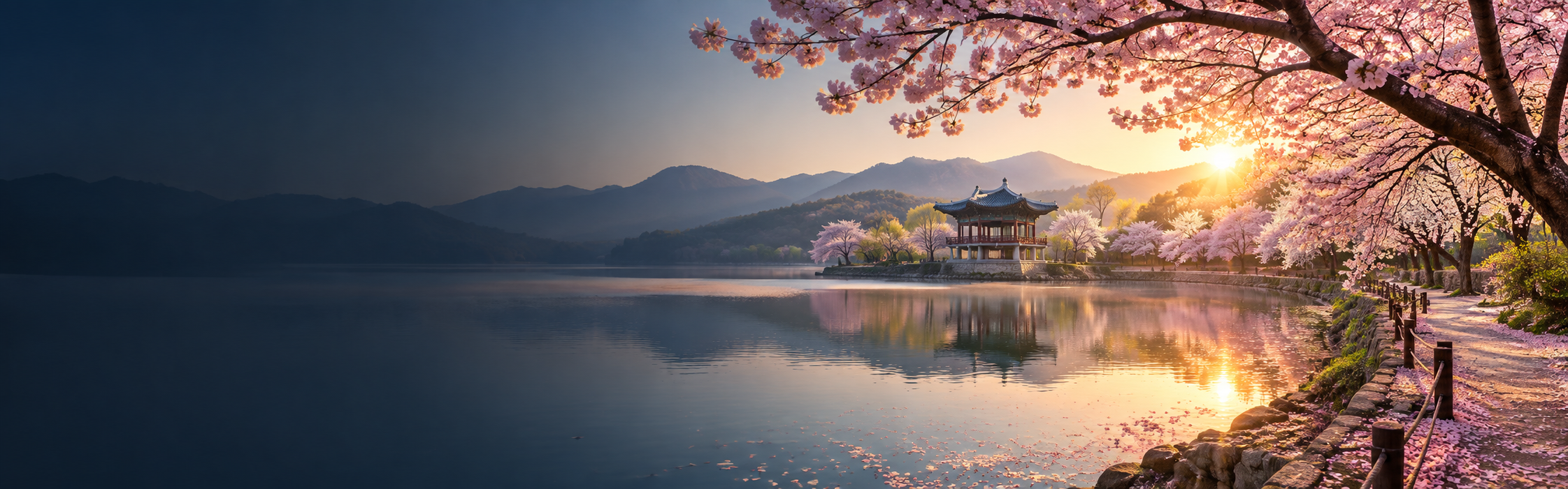 벚꽃이 핀 호수와 정자